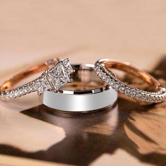 💎3Pcs/Set Sweet Three Princess Cut Zircon Square Rings for Women, PD582 - Picture 1 of 7